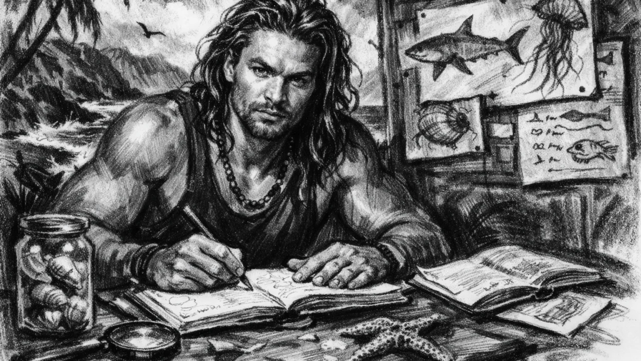Jason Momoa tijekom studija morske biologije na Havajima u ugalj stilu, crno-bijeli crtež.