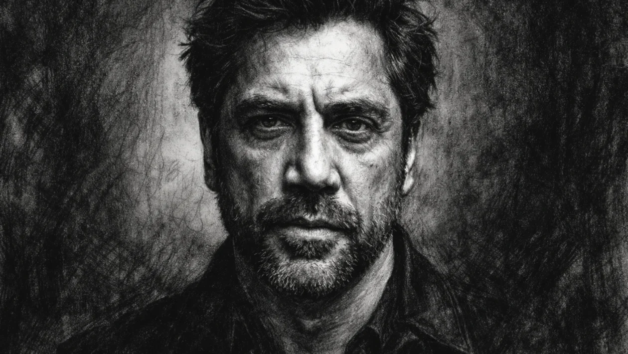 Hero portret Javiera Bardema u realizmu, ugalj stil, crno-bijeli kontrast s izraženim linijama