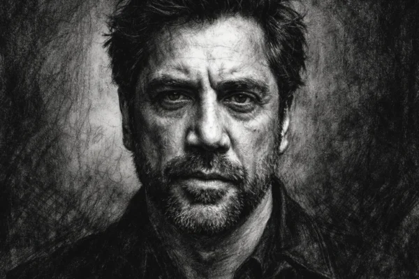 Hero portret Javiera Bardema u realizmu, ugalj stil, crno-bijeli kontrast s izraženim linijama