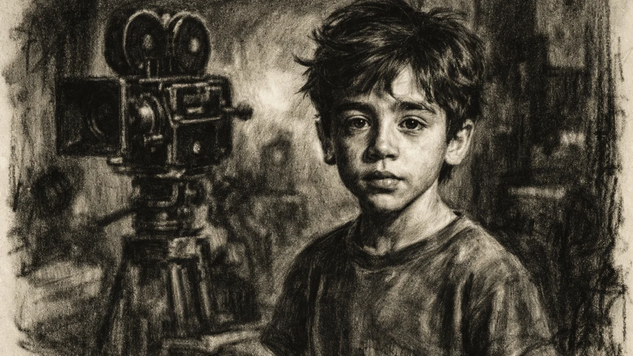 Djetinjstvo Javiera Bardema na filmskom setu, ugalj stil, crno-bijeli crtež s jakim kontrastom