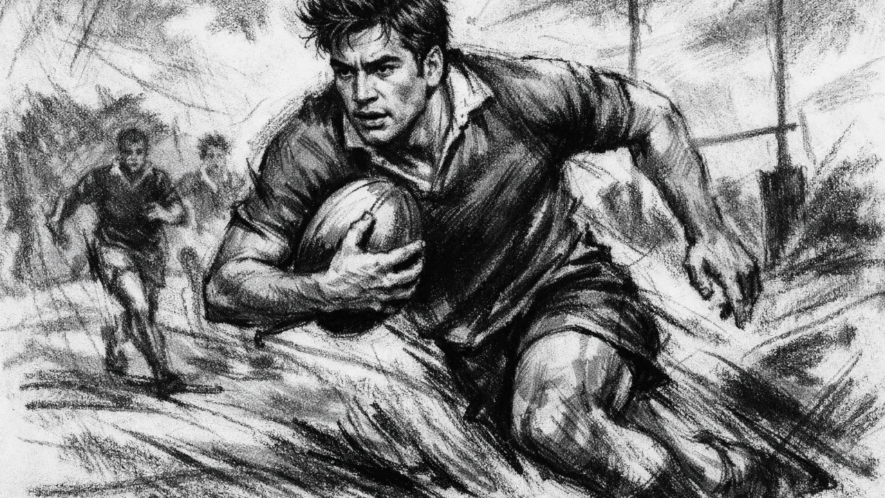 Mladi Javier Bardem na treningu ragbija, ugalj stil, crno-bijeli crtež s dinamičnim linijama