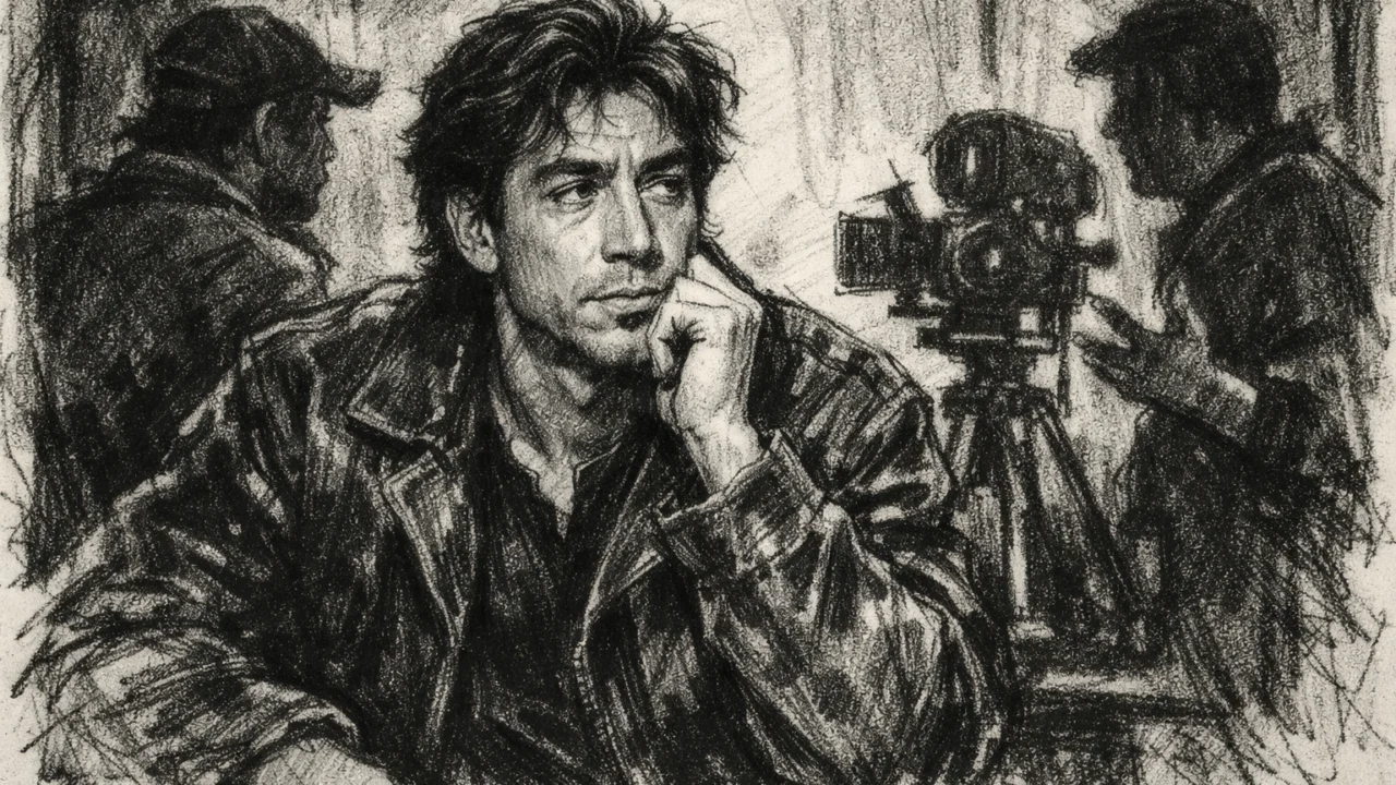 Javier Bardem iza kulisa filmskog seta, ugalj stil, crno-bijela scena s naglašenim kontrastom