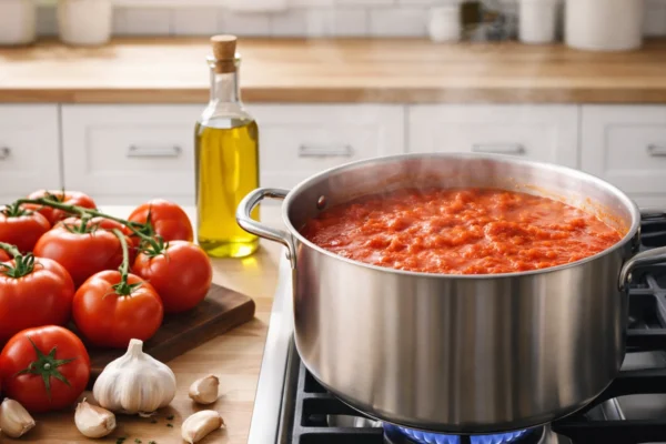 Domaći umak od rajčice u loncu na štednjaku s rajčicama, maslinovim uljem i češnjakom kao bazom za razna jela