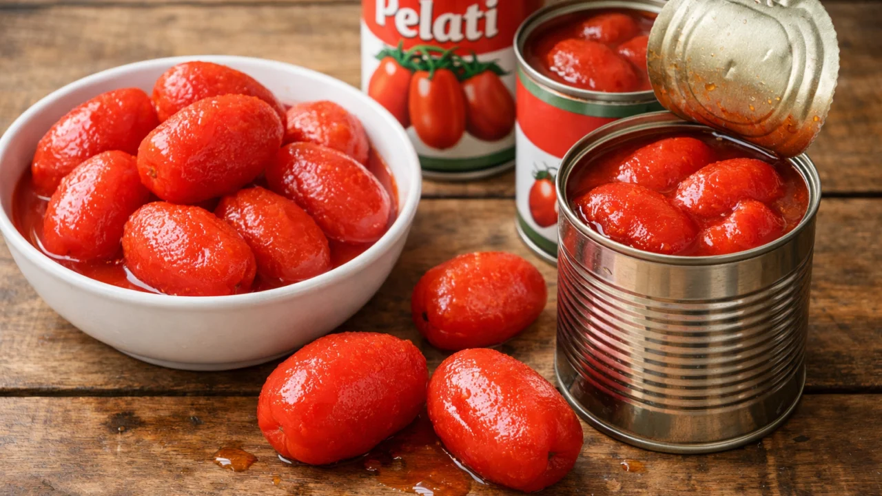 Pelati i zrele rajčice kao osnovni sastojci jednostavnog domaćeg umaka od rajčice bez dodataka