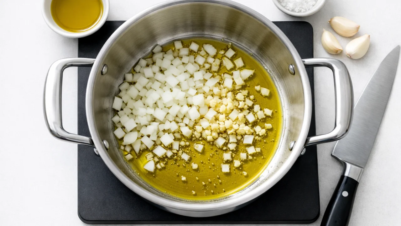 Pirjanje luka i češnjaka na maslinovom ulju kao prvi korak pripreme baznog umaka od rajčice
