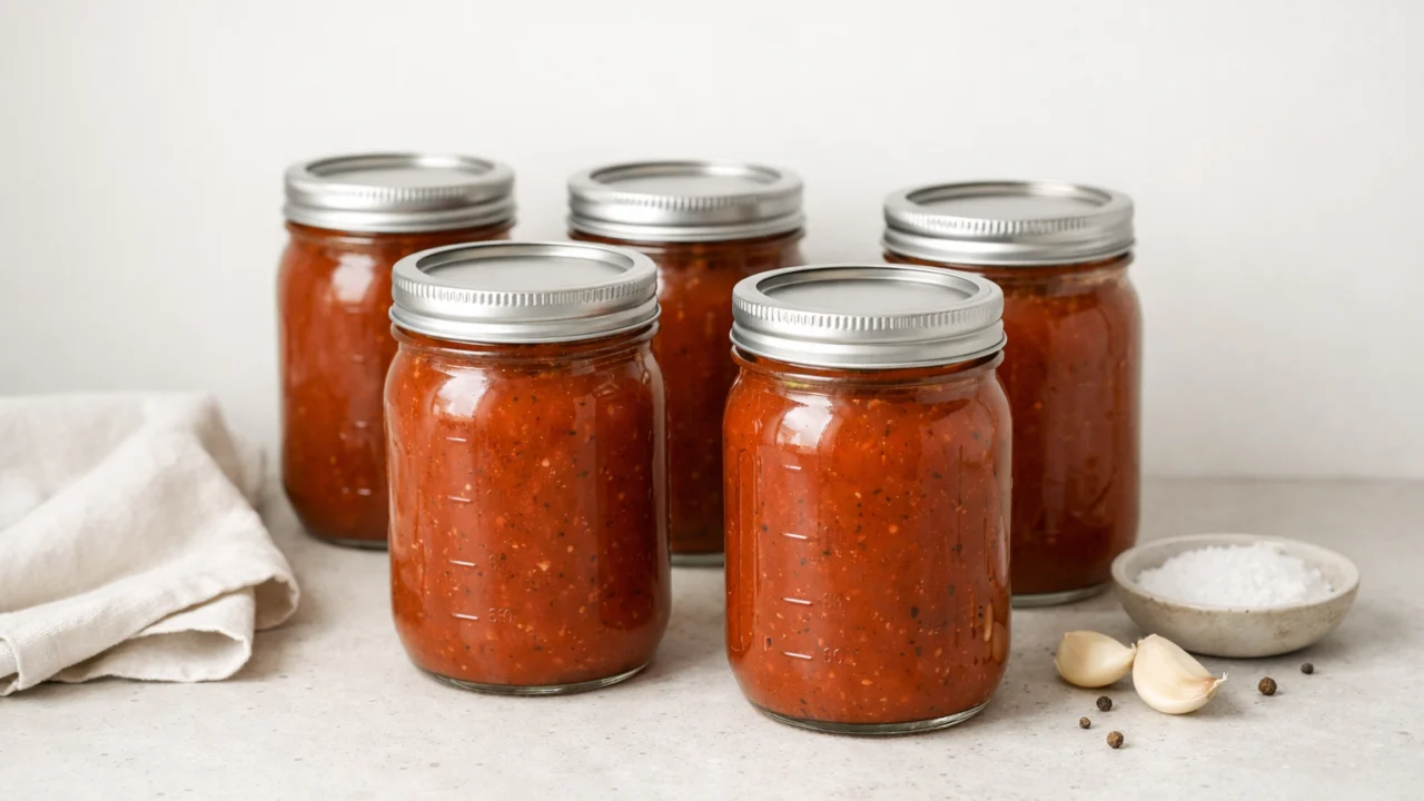Domaći umak od rajčice pohranjen u staklenkama za čuvanje u hladnjaku ili zamrzivaču