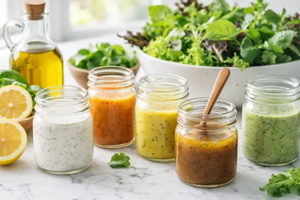 Razni domaći preljevi za salatu u staklenkama s prirodnim sastojcima na modernoj kuhinjskoj površini