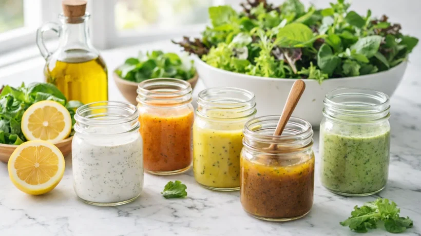 Razni domaći preljevi za salatu u staklenkama s prirodnim sastojcima na modernoj kuhinjskoj površini