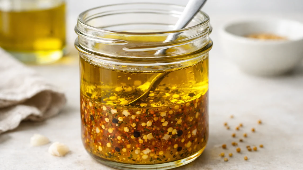 Domaći vinaigrette preljev od maslinovog ulja i octa u staklenci, zdrav i dugotrajan