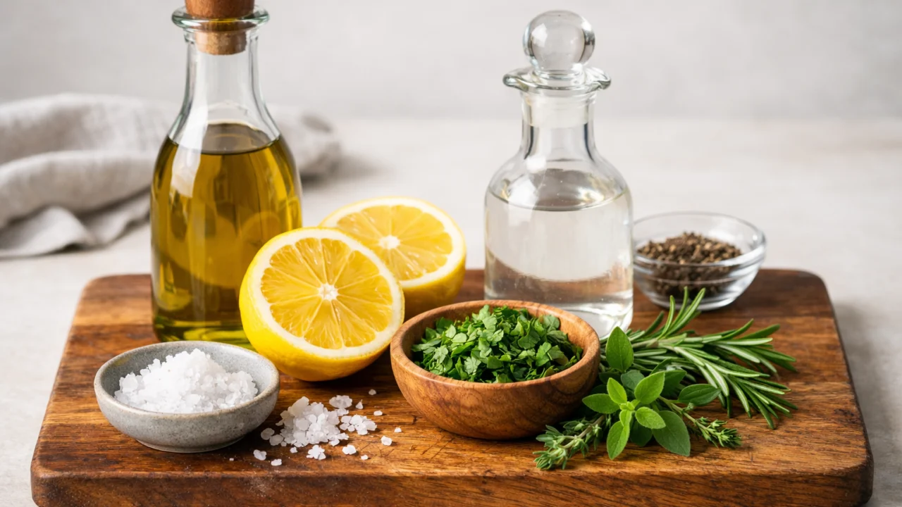 Osnovni sastojci za domaće preljeve za salatu poput maslinovog ulja, limuna i začina