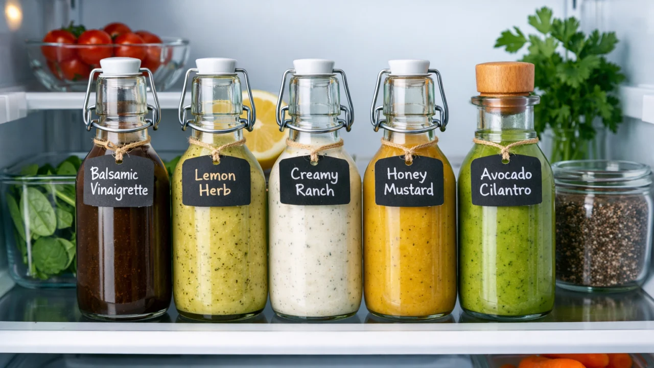 Domaći preljevi za salatu pravilno pohranjeni u hladnjaku za dulju svježinu