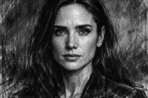 Hero portret Jennifer Connelly u ugalj stilu, crno-bijeli crtež visokog kontrasta s izražajnim linijama
