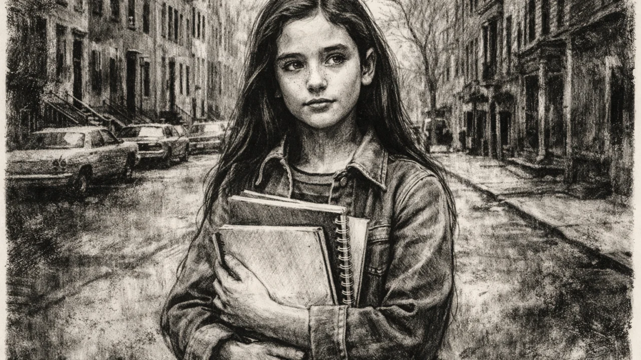 Jennifer Connelly u djetinjstvu u New Yorku prikazana u ugalj stilu, crno-bijeli crtež s urbanim okruženjem