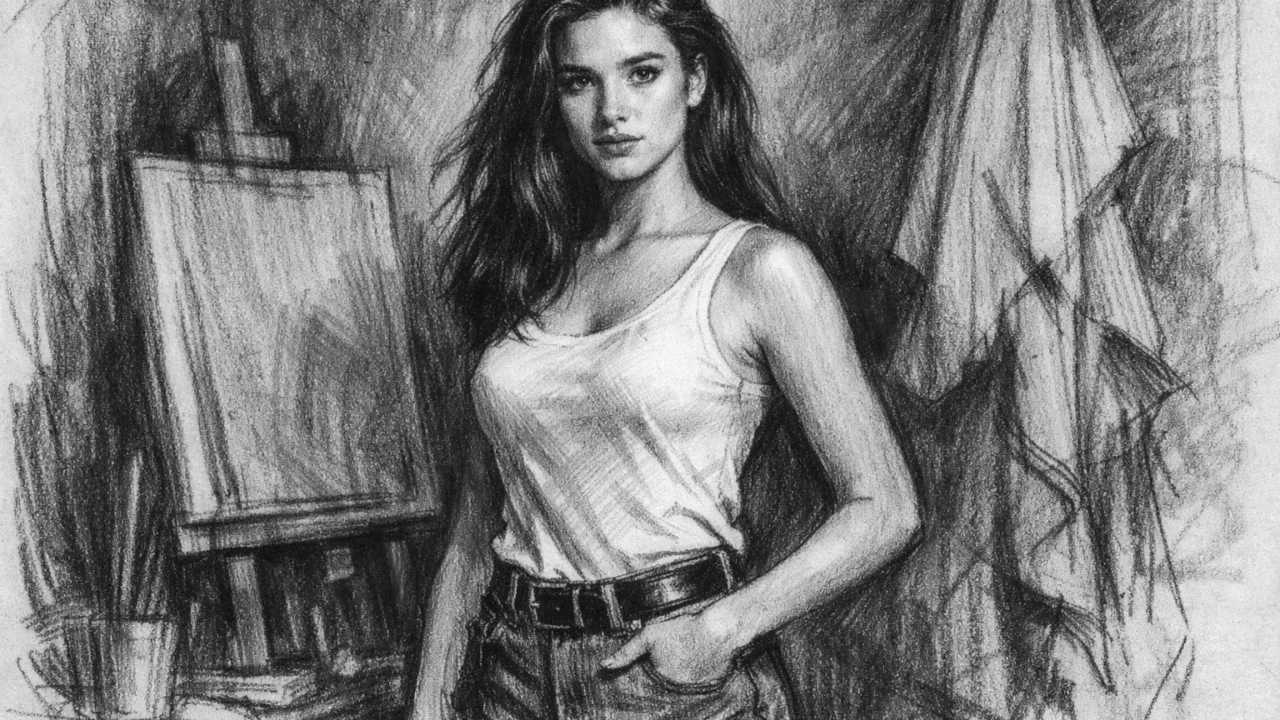 Rani manekenski dani Jennifer Connelly u ugalj stilu, crno-bijeli crtež iz studijskog okruženja