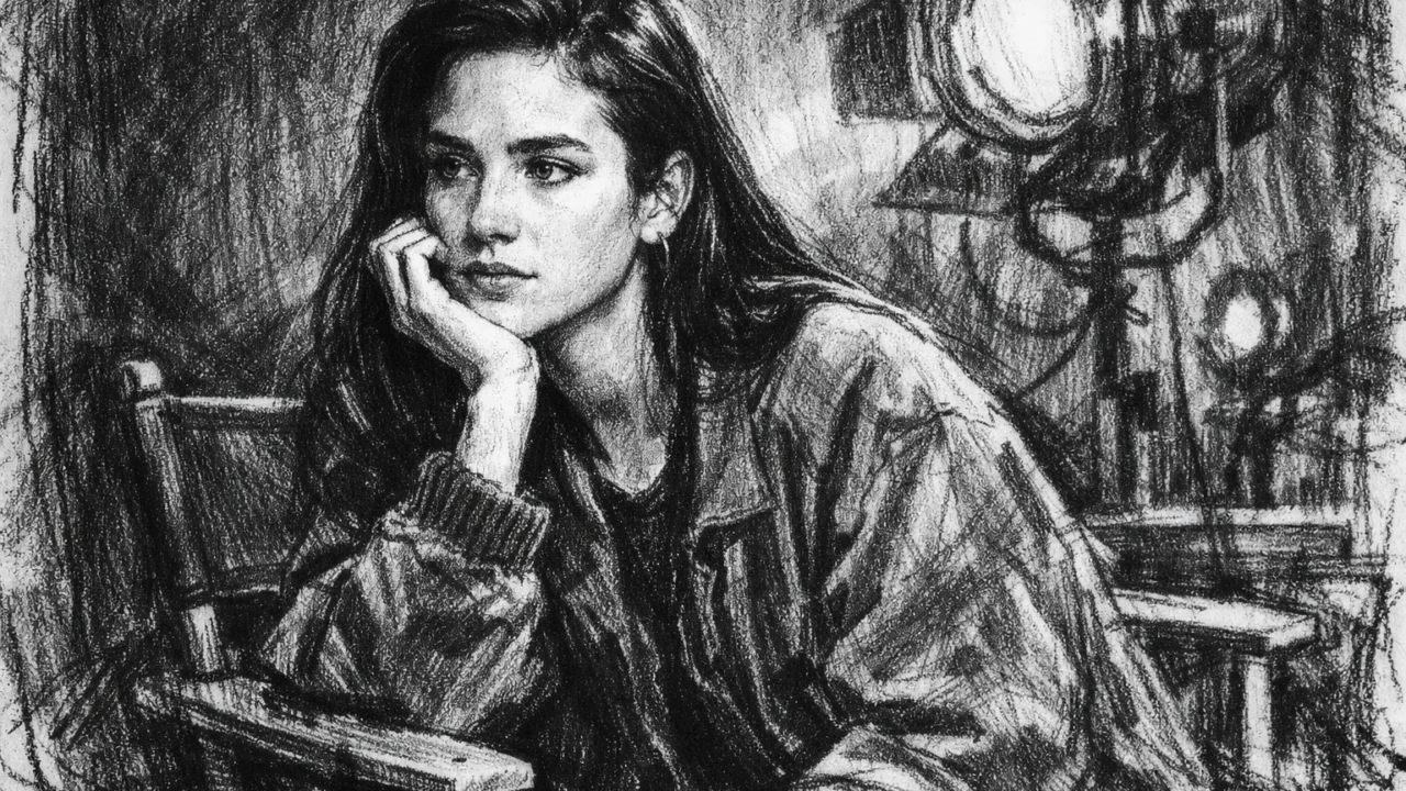 Jennifer Connelly na filmskom setu u ugalj stilu, crno-bijela ilustracija s filmskom atmosferom