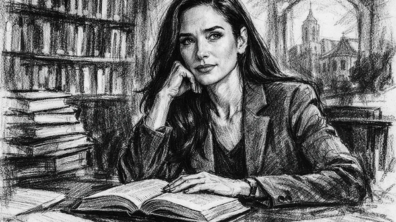 Jennifer Connelly tijekom akademskog rada prikazana u ugalj stilu, crno-bijeli crtež s naglaskom na intelektualnost