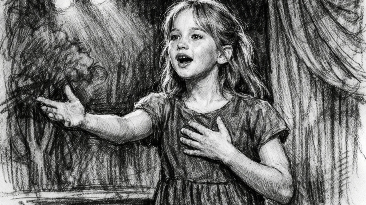 Jennifer Lawrence kao djevojčica na školskoj pozornici, prikazana u ugalj stilu s naglašenim kontrastima