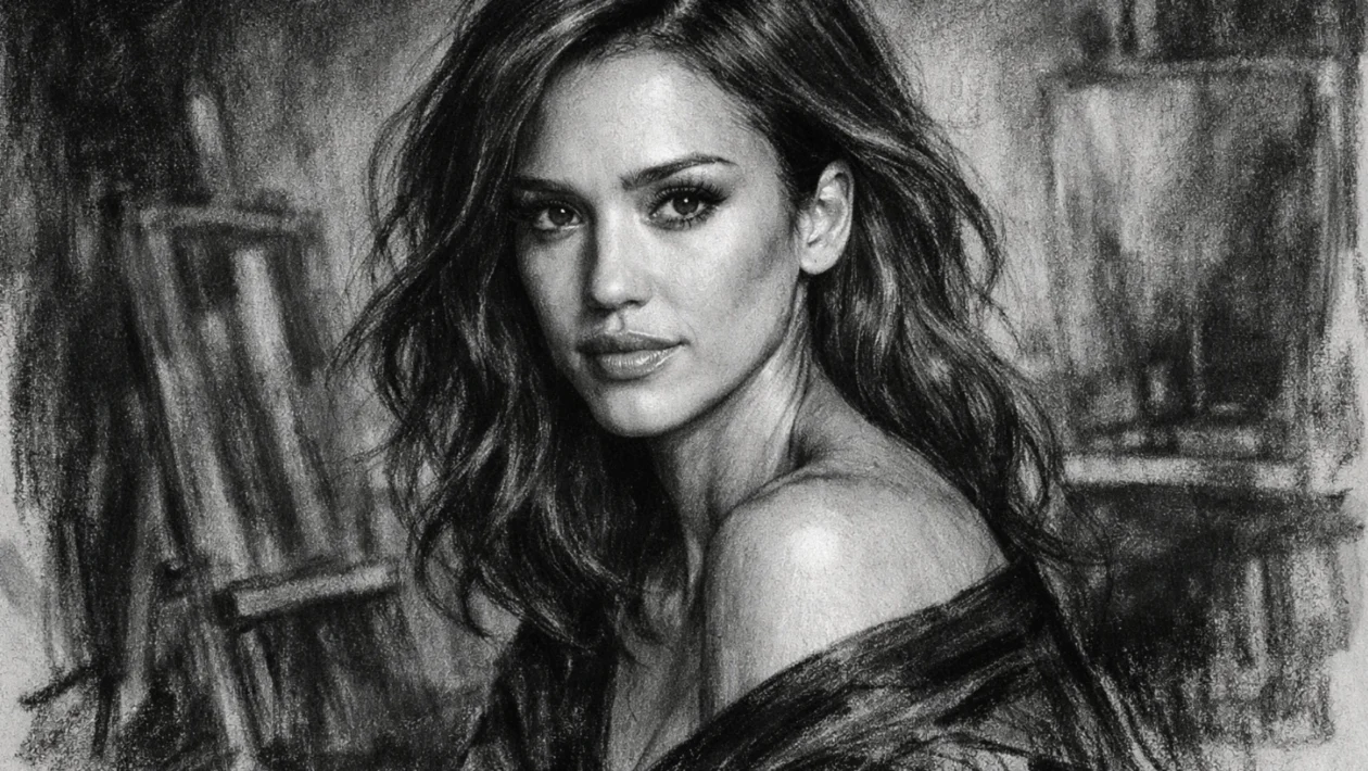 Portret Jessice Albe u ugalj stilu, crno-bijeli i visoki kontrast