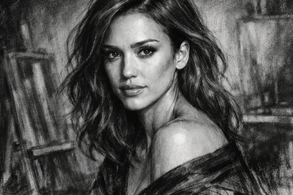 Portret Jessice Albe u ugalj stilu, crno-bijeli i visoki kontrast
