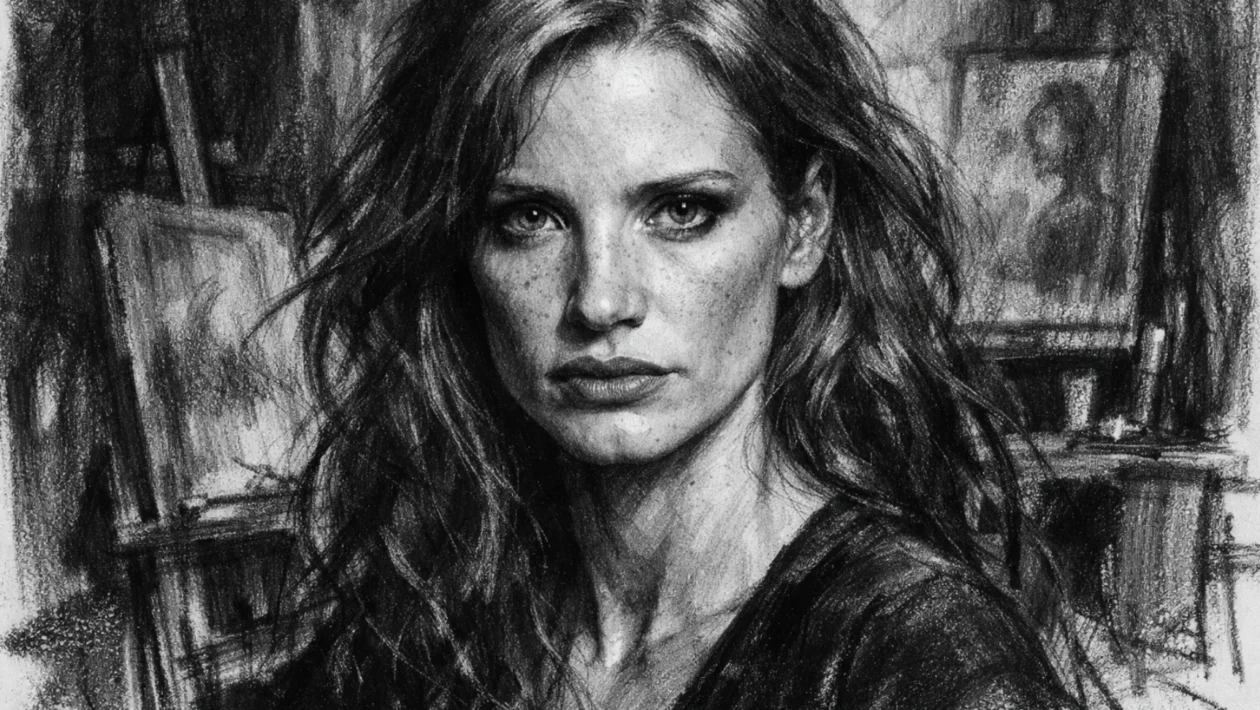 Portret Jessice Chastain u ugalj stil tehnici, crno-bijeli kontrastni crtež s izražajnim linijama