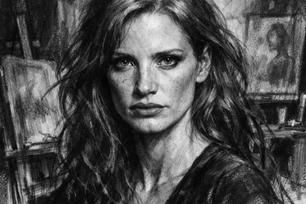 Portret Jessice Chastain u ugalj stil tehnici, crno-bijeli kontrastni crtež s izražajnim linijama