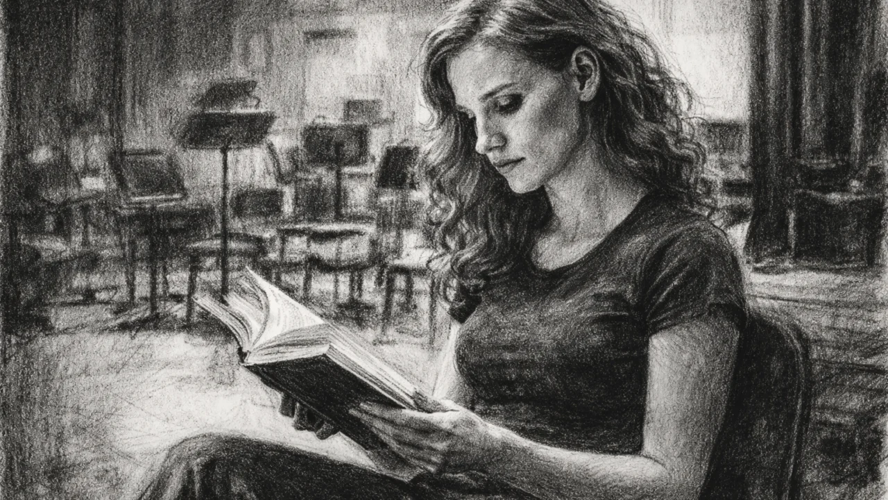 Prizor školovanja Jessice Chastain na Juilliardu u ugalj stil crno-bijelom crtežu