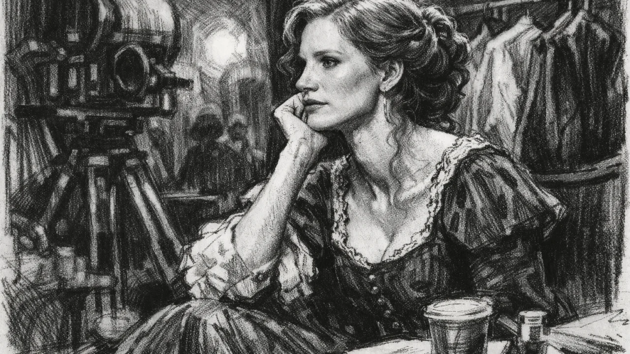 Jessica Chastain na filmskom setu tijekom snimanja, ilustrirana u ugalj stil tehnici