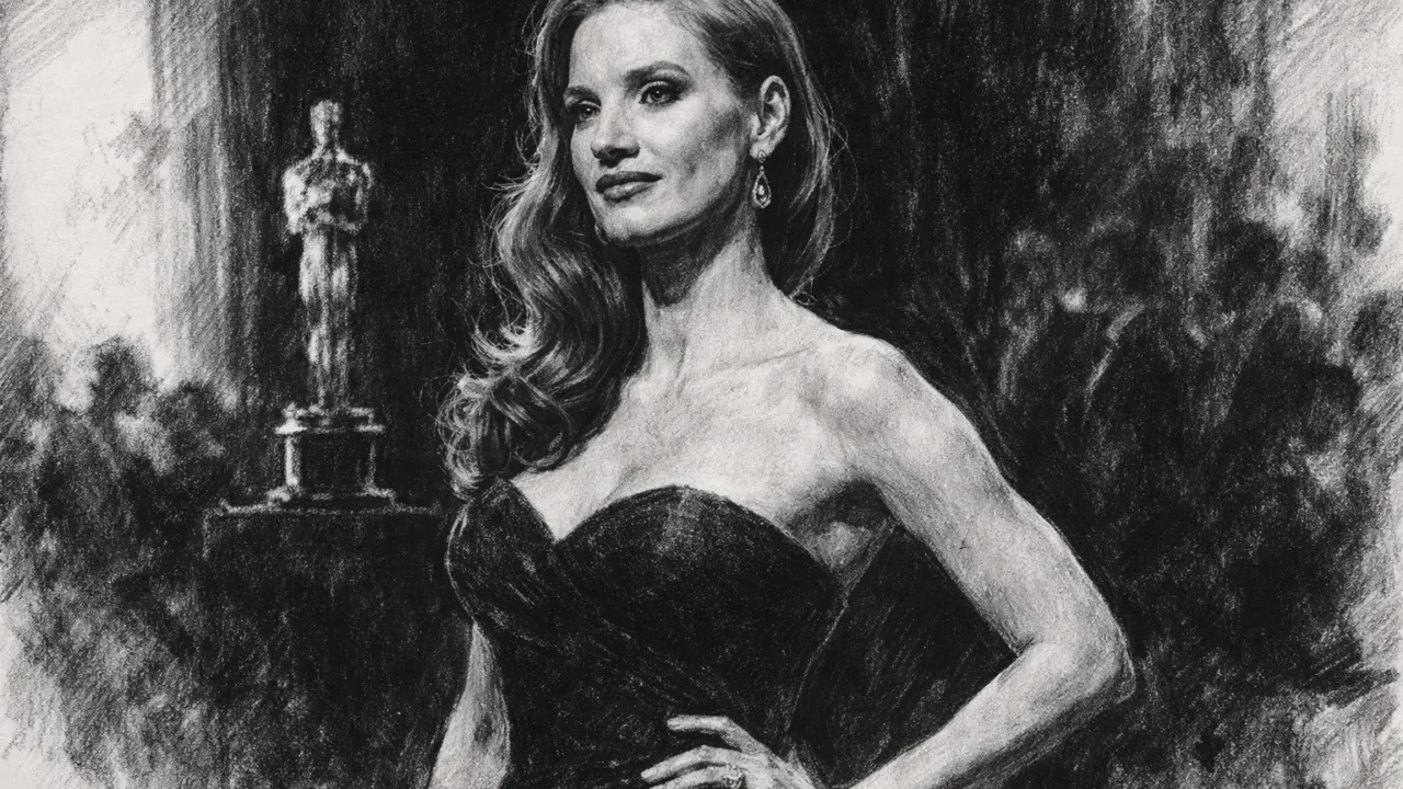 Jessica Chastain na dodjeli nagrada prikazana kroz ugalj stil umjetnički crtež