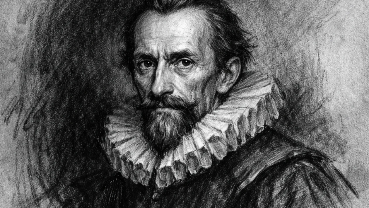 Portret Johannesa Keplera u ugalj stilu, crno-bijeli izraziti portret znanstvenika s povijesnim detaljima.