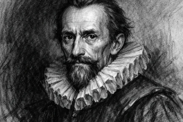 Portret Johannesa Keplera u ugalj stilu, crno-bijeli izraziti portret znanstvenika s povijesnim detaljima.
