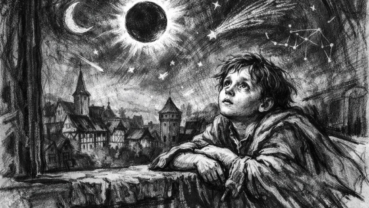 Mladi Johannes Kepler promatra noćno nebo u ugalj stilu, naglašen rani interes za astronomiju.
