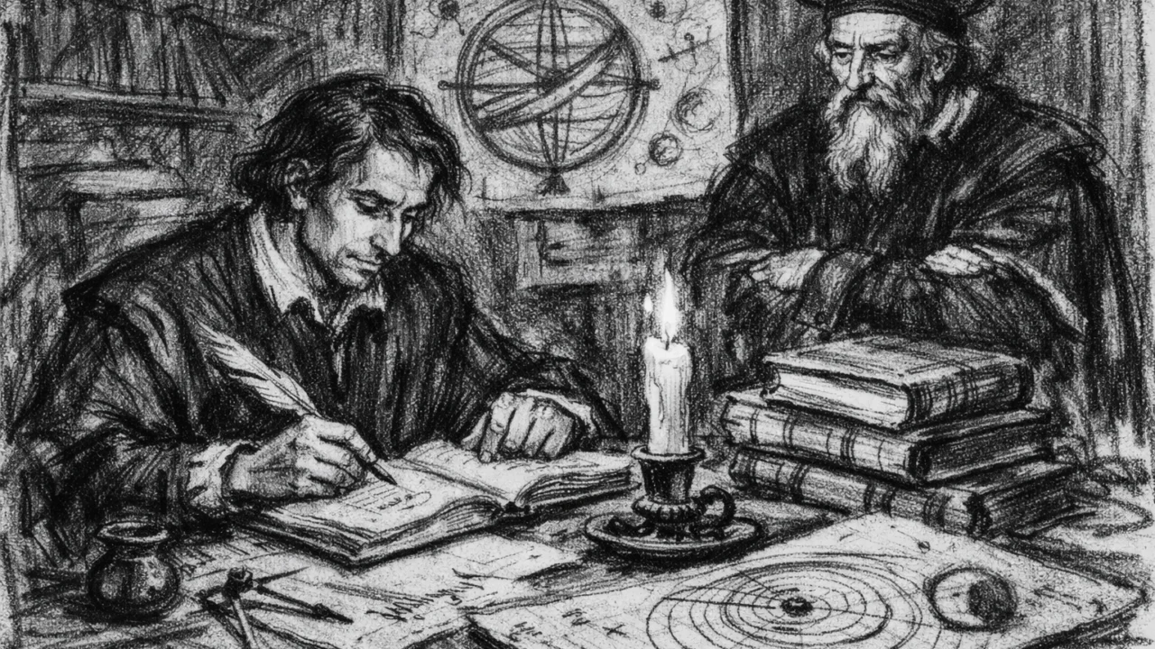 Johannes Kepler na studiju u Tübingenu u ugalj stilu, prikaz akademskog okruženja i astronomije.