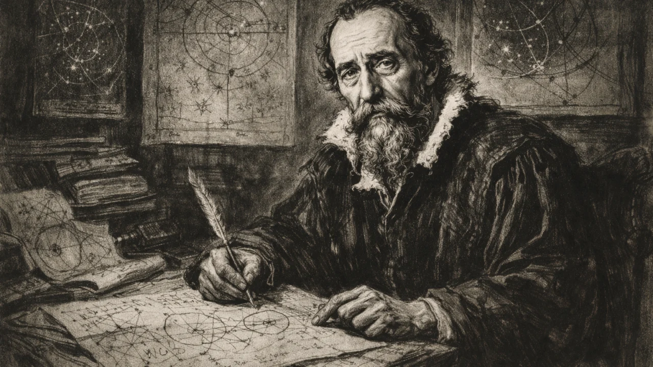 Zreli Johannes Kepler dok razvija zakone gibanja planeta u ugalj stilu, snažan znanstveni prikaz.