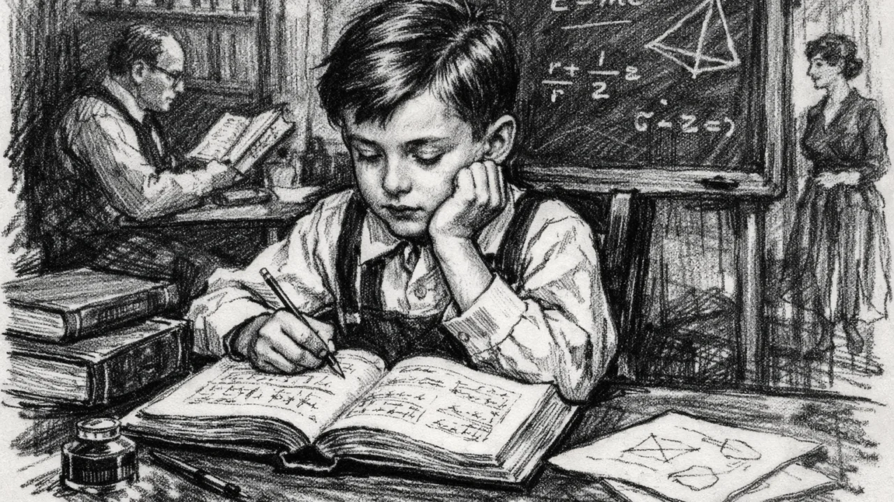 Prikaz ranog djetinjstva Johna Bardeena u ugalj stilu, dijete koje uči i pokazuje rani interes za znanost