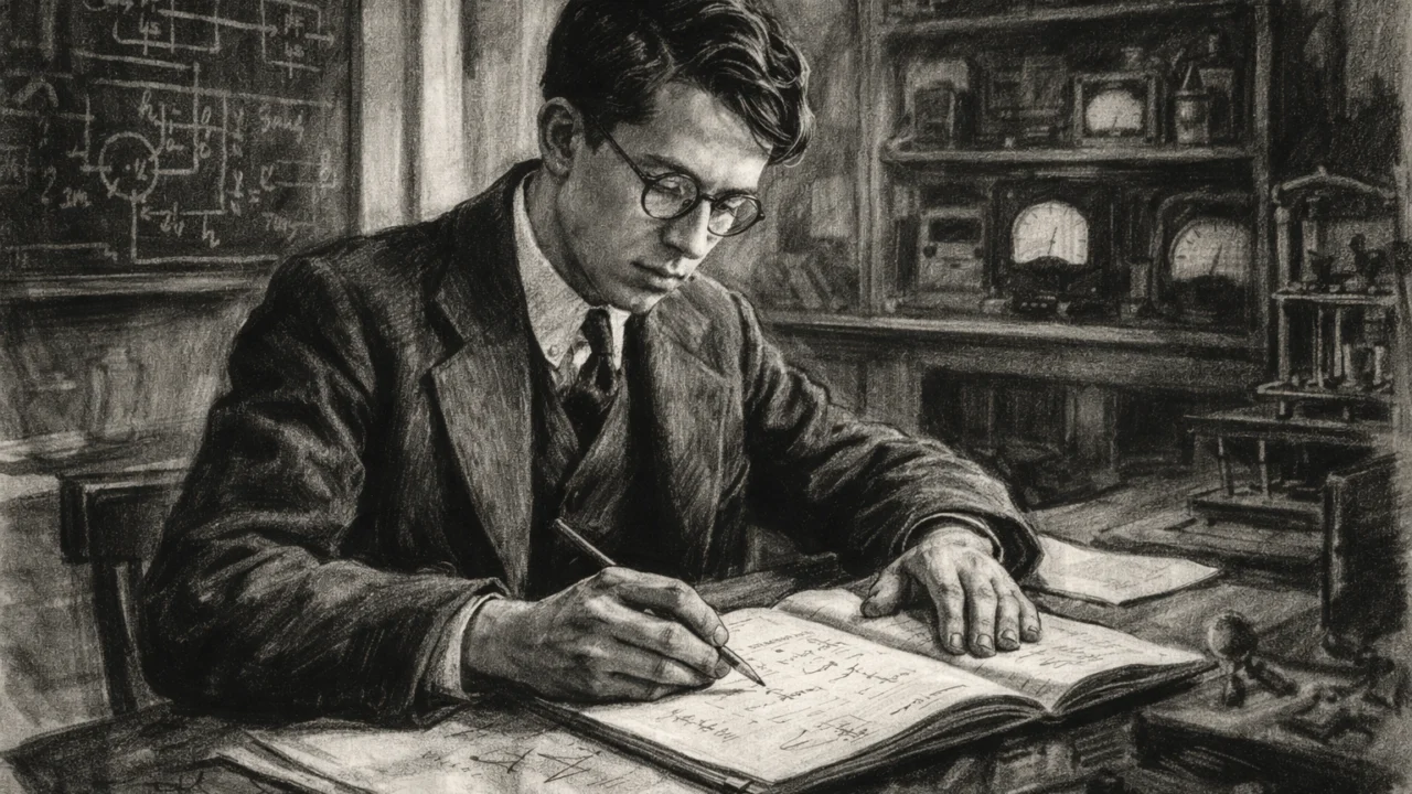 John Bardeen kao student na sveučilištu, scena obrazovanja prikazana u ugalj stilu s izraženim kontrastima