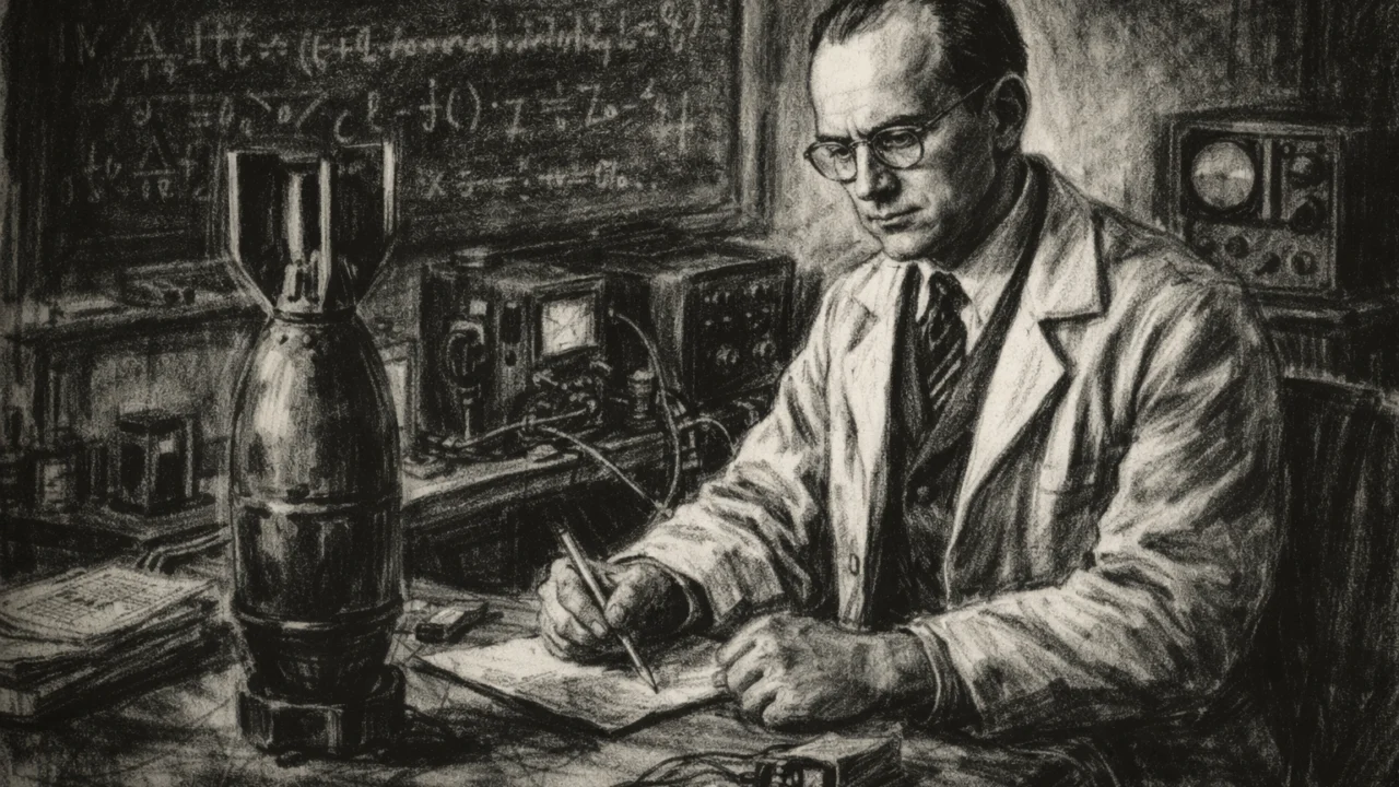 John Bardeen tijekom ratnih istraživanja, prikazan u ugalj stilu s izraženom ozbiljnom atmosferom