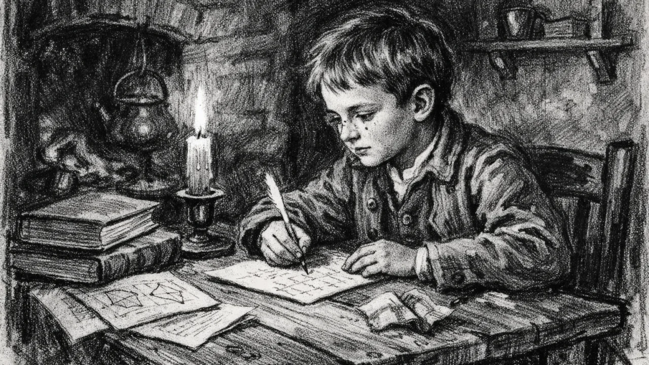 Mladi John Dalton u djetinjstvu, prikazan kako uči u skromnom domu, nacrtan u ugalj stilu.