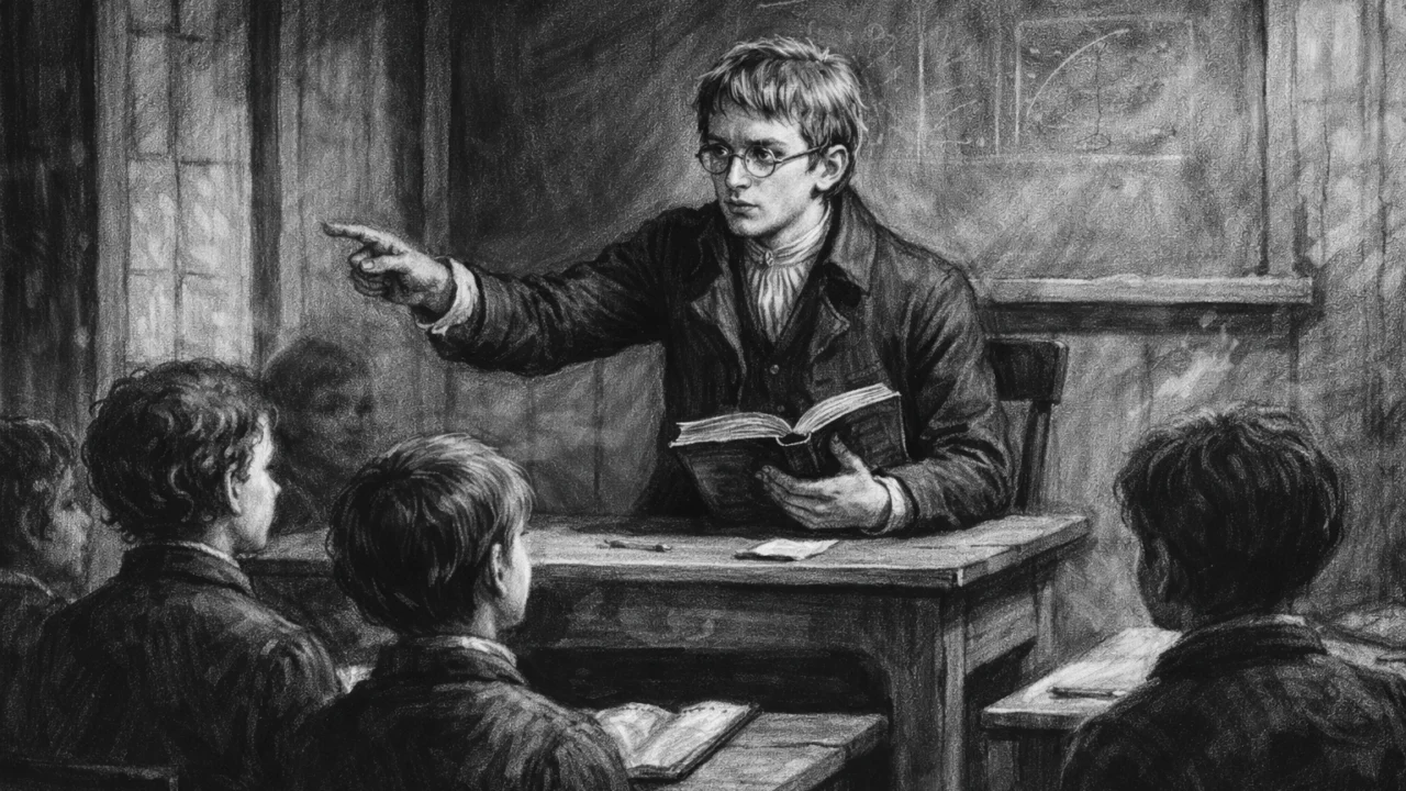 John Dalton kao mladi učitelj u kvekerskoj školi, ilustriran u ugalj stilu.