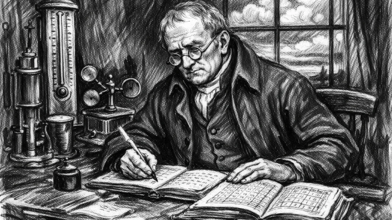 John Dalton bilježi vremenske prilike u bilježnicu, znanstvena scena u ugalj stilu.