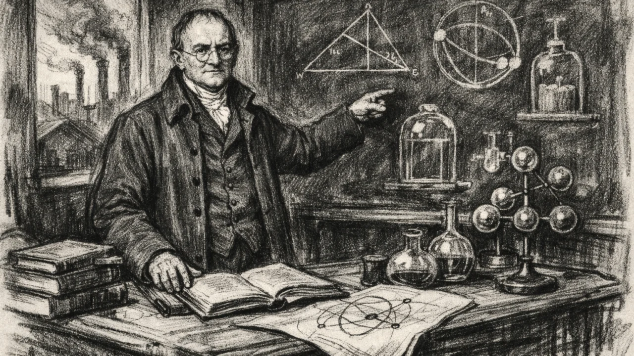 John Dalton predaje u Manchesteru, prikazan kao znanstvenik u učionici u ugalj stilu.