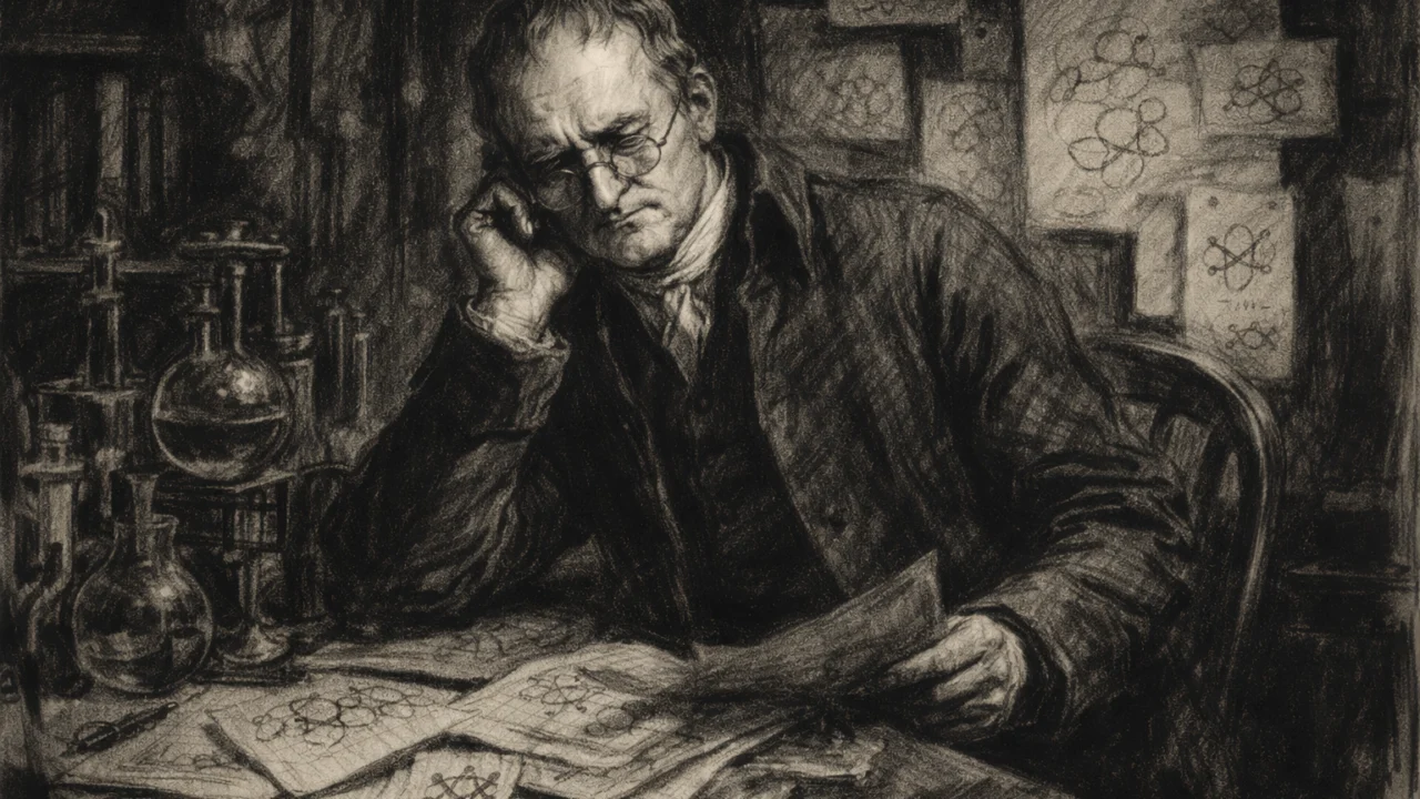 John Dalton zamišljeno radi na znanstvenim idejama u radnoj sobi, prikaz u ugalj stilu.