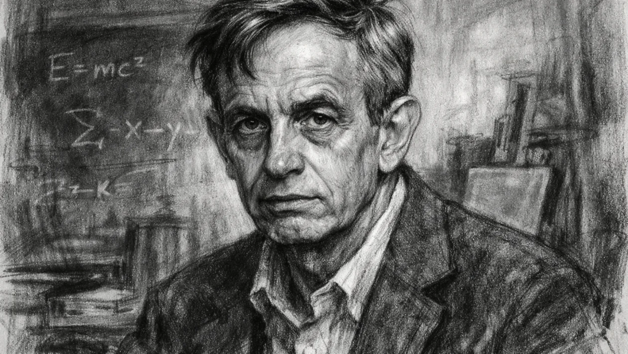 Portret Johna Nasha u uglj stil, crno-bijeli umjetnički prikaz znanstvenika s izraženim crtama lica