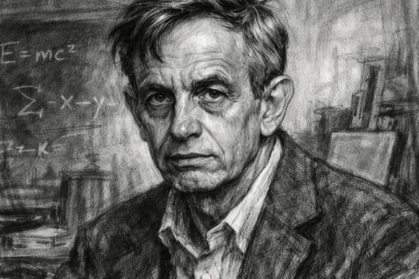 Portret Johna Nasha u uglj stil, crno-bijeli umjetnički prikaz znanstvenika s izraženim crtama lica