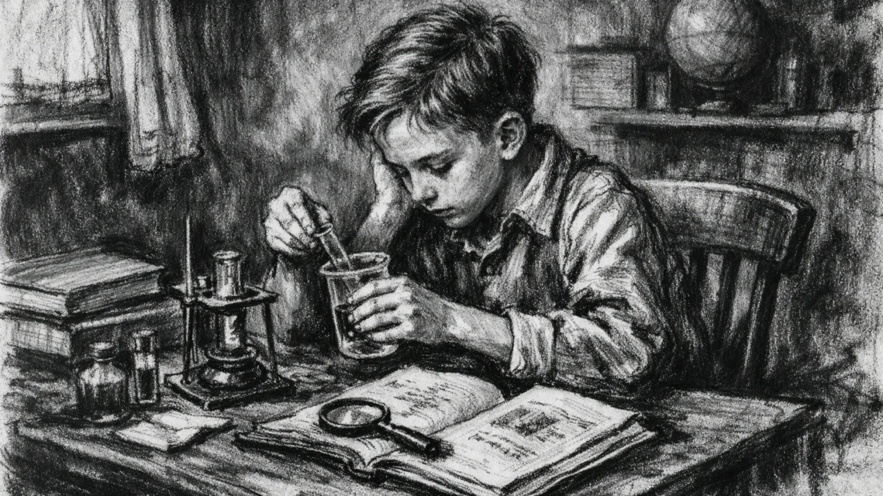 Rani život Johna Nasha kao dječaka u uglj stil, prikaz znatiželjnog djeteta okruženog knjigama