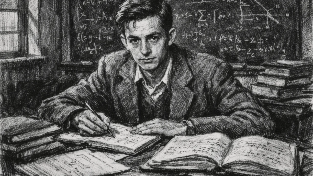 John Nash kao student matematike u uglj stil, crno-bijela scena akademskog okruženja