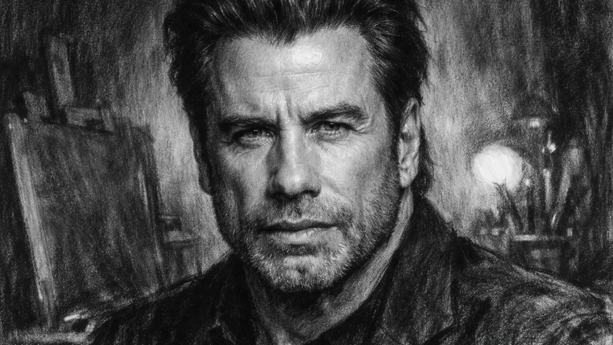 Portret Johna Travolte u ugalj stilu, crno-bijeli portret s naglašenim kontrastom i izražajnim linijama.