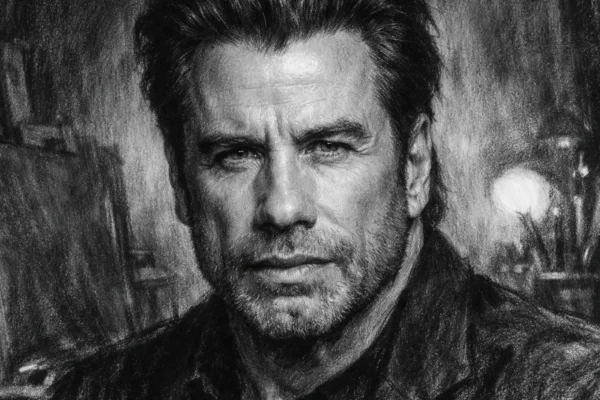 Portret Johna Travolte u ugalj stilu, crno-bijeli portret s naglašenim kontrastom i izražajnim linijama.