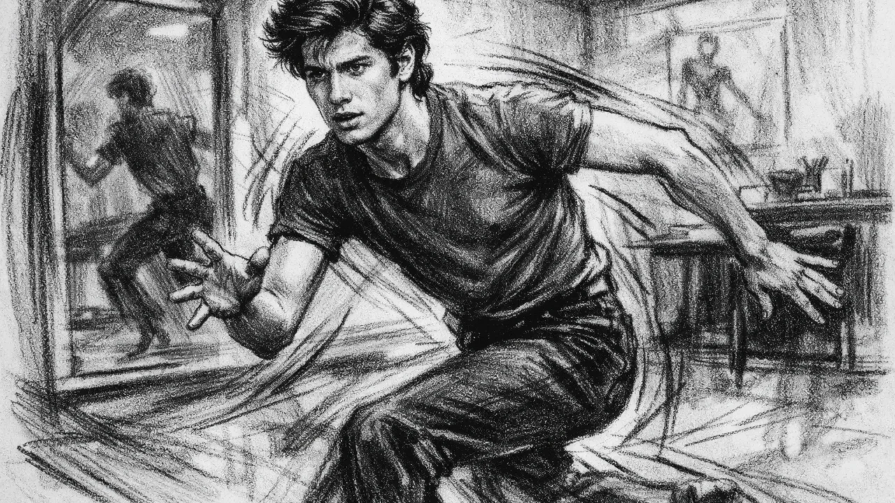 Mladi John Travolta tijekom školovanja i plesnih vježbi u ugalj stilu, dinamičan crtež s jakim kontrastom.