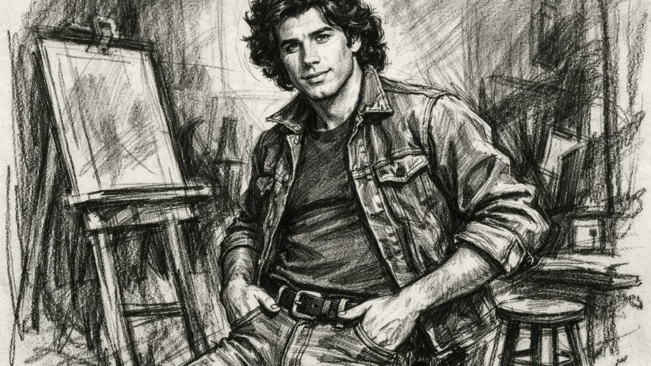 John Travolta u ranim televizijskim danima prikazan u ugalj stilu, prepoznatljiva poza i izražajan crtež.