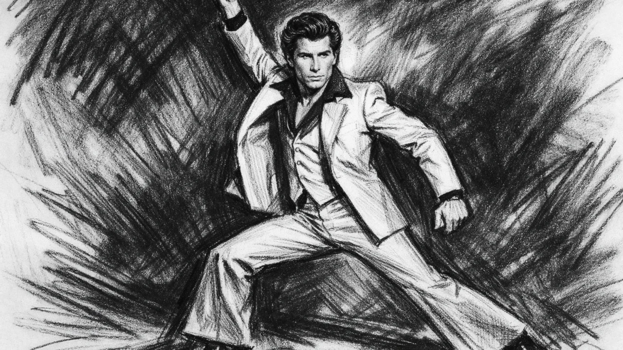John Travolta u disco fazi karijere nacrtan u ugalj stilu, snažan kontrast i energične linije.